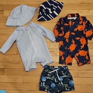Kids Swimwear Bundle - Navy & Orange Crab Rash Guard + Blue Striped Romper